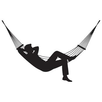 Silhouette of a man relaxing in a hammock with hands behind head resting vector