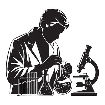 Scientist in lab coat working with test tubes and microscope in black and white laboratory research vector