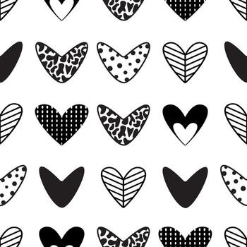 Seamless pattern, cute hearts filled with different patterns, monochrome endless background vector