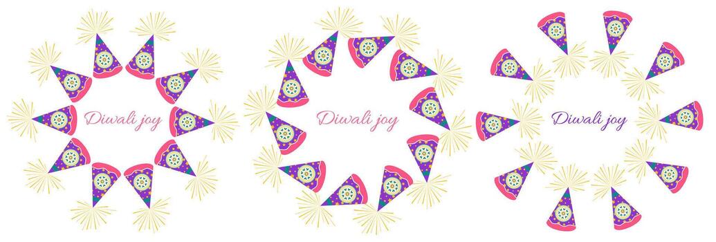 Diwali celebration frames set with fireworks and text in flat style. Deepavali illustration for print and online projects vector