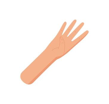 Flat cartoon hand gesture showing four fingers sticker. Palm raised to display the number 4 in a minimalist style. Bare hand with open palm, symbol of counting and math, isolated on a white background vector