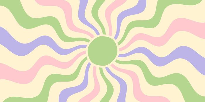 Groovy retro sun burst pastel background with a wavy circle and sunshine motif. Sun rays form soft wave shapes in a graphic y2k style horizontal image, ideal for vibrant, cool, trendy themes. vector