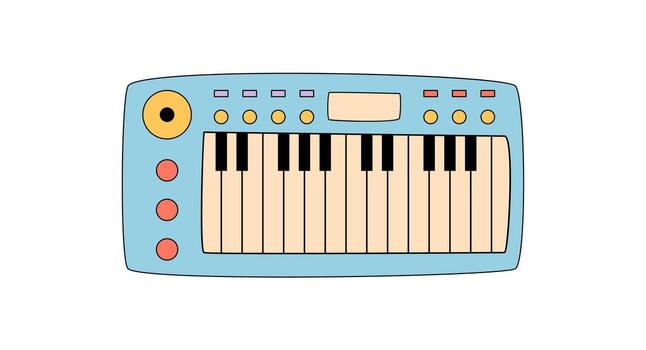 Groovy y2k synthesizer sticker in flat style and colorful retro palette. Electronic music instrument with funky audio sound, ideal for creative music projects and cool pop culture branding. vector