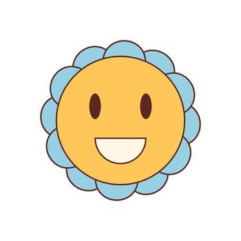 Groovy retro flower smile in cartoon graphic style and funky icon with cute positive character. Blue and yellow happy y2k element for playful mood, contemporary projects, pop design. vector