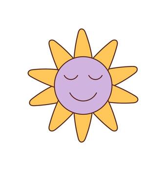 Groovy retro flower sun with cartoon face and happy smile. Cute yellow element with y2k style for fun, positive mood. Playful and artistic groovy element ideal for graphic creative projects. vector