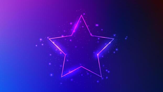 Neon frame in star form with shining effects and sparkles on dark blue background. Empty glowing techno backdrop. illustration vector