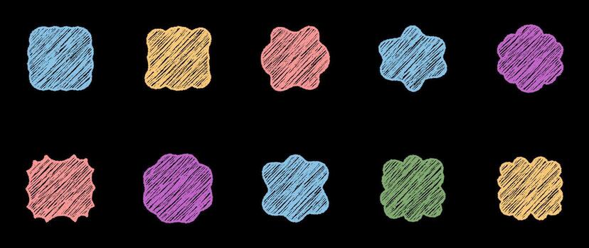 Groovy chalk rectangle frame set in a retro y2k style with hatched shading and scallop bubble border. Crayon sketch background and bold shape for graphic edge in modern creative use. vector