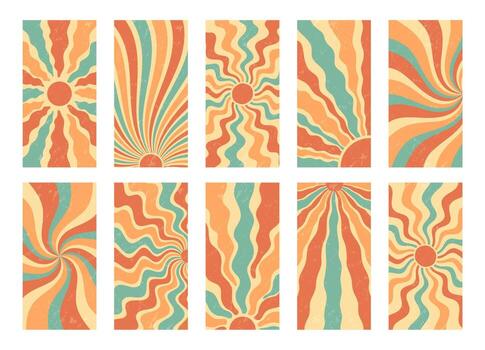 Groovy retro sun burst set with bold wavy shapes and vibrant orange and yellow burst. Swirl, y2k, grungy sunshine background in vertical orientation, with unique grunge texture for striking visual vector