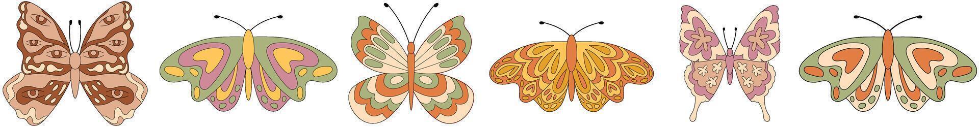 maravilloso retro mariposa sin costura frontera en miedoso ondulado estilo modelo. modelo de vistoso mariposa formas con negrita retro y y2k detalles. vibrante gráfico para moderno antecedentes y creativo vector