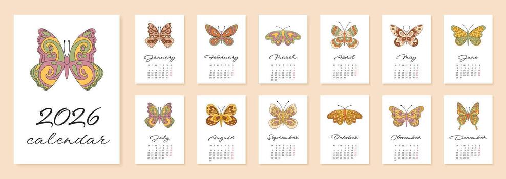 maravilloso retro mariposa calendario con moderno vistoso estilo. y2k mes modelo y 2026 año bandera en alegre colocar. de moda colección gráfico para elegante planificación y creativo diseños vector