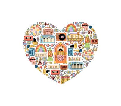 maravilloso retro corazón pegatina en un vistoso música concepto. registro, casete, guitarra, y arco iris gráfico crear un juguetón y2k antecedentes para de moda y Clásico decorativo elemento. vector