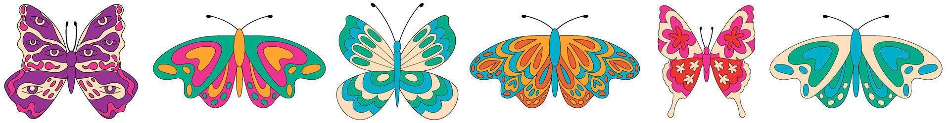 Groovy butterfly seamless border in colorful psychedelic and retro style pattern. Funky pattern with y2k elements and vibrant shapes forms an aesthetic graphic for wallpaper, fabric cheerful retro vector