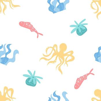 Underwater seamless pattern with fish and octopus. Aquatic marine life in a flat style design. Cartoon ocean creatures and background, ideal for fabric, wallpaper, summer projects. vector