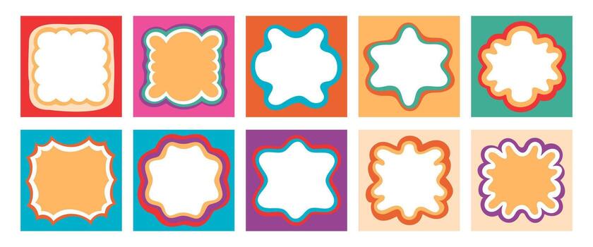 Groovy rectangle bubble frames in retro outline style create a playful border set. Wavy shape and y2k burst border form bold abstract background with trendy outline and fun visual impact. vector