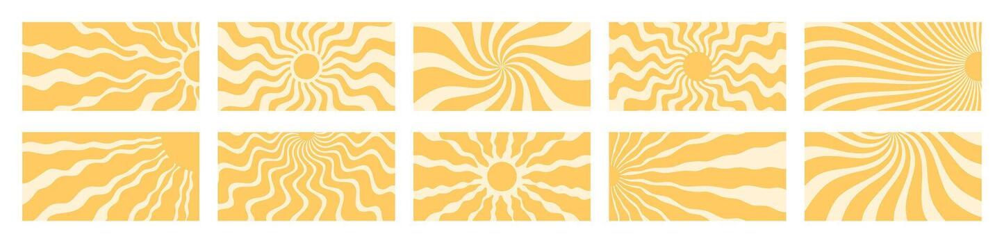 Groovy retro sun burst with yellow wave style forms the main abstract pattern set. Y2k sunshine pattern background and bold ray set in horizontal graphic layout for modern wallpaper or creative vector