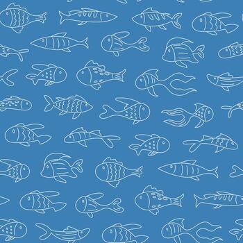 Seamless marine flat pattern with fish silhouettes. Aquatic creatures in underwater ocean theme create a vibrant sea background. Abstract marine design in outline style, versatile for aquatic vector