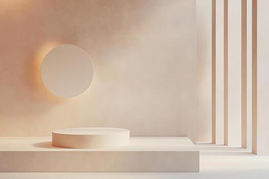Neutral backdrop features an elevated podium, suspended circle, and vertical geometric lines, creating a modern setting photo