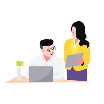 Illustration of business colleagues working together at office desk discussing project using laptop and tablet perfect for teamwork collaboration and corporate designs vector