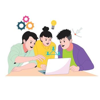 Illustration of three people working together at a desk discussing creative project ideas using a laptop ideal for teamwork collaboration startup and innovation designs vector
