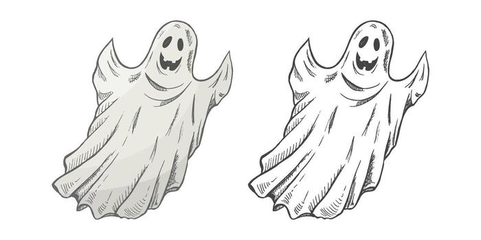 Hand drawn vintage sketch of spooky halloween ghost character with smiling face, monochrome and color version, isolated illustration vector