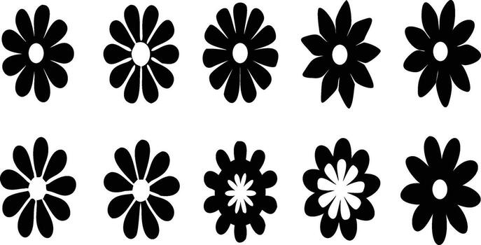 Vibrant retro flat design flower collection with diverse shapes bold colors and whimsical patterns. vector