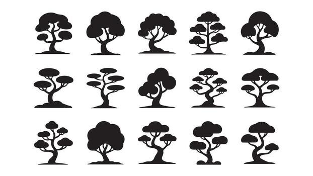 Tree icons set, Set of black various forest tree silhouette vector