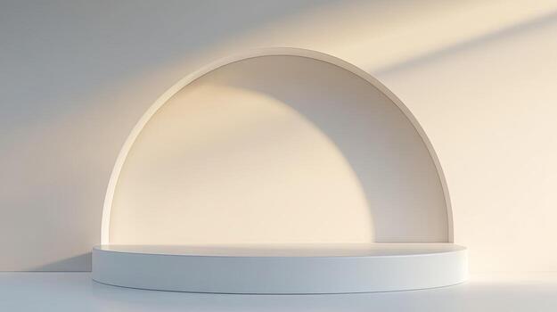 White arched wall niche creates a soft shadow backdrop for a modern round podium photo
