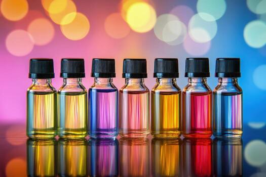 Symmetrical arrangement of colorful liquids displayed in bottles on a reflective surface with bokeh background photo