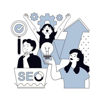 Seo optimization concept for modern web design. People research online website traffic data, selecting keywords, settings and optimizes site metrics, improving rating results. illustration. vector