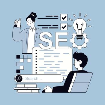 Seo optimization concept for modern web design. People research online website traffic data, selecting keywords, optimizes site metrics, working with links and improve ratings. illustration. vector