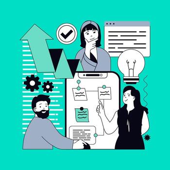 Project management concept for modern web design. People thinking and brainstorming, creating marketing strategy, development of system with schedule notes, research workflow. illustration. vector