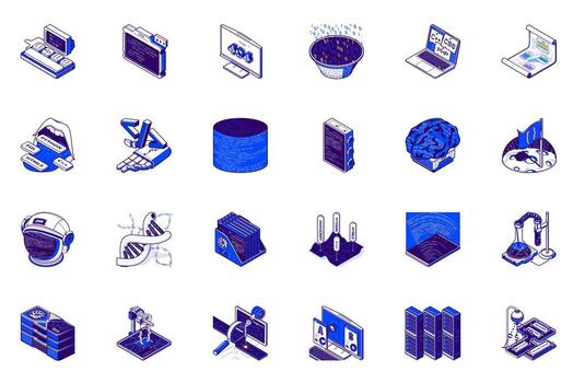 programación concepto de 3d isométrica íconos colocar. colección con computadora código, codificación programa, software, pitón, html, Java, guion, informática y más en isometria diseño para web. ilustración. vector