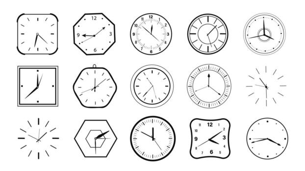 Simple clock elements set. Collection of classic vintage clock dials with arrows and numbers, round and square shapes of analog ticking chronometers showing different times. illustration. vector