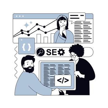 seo mejoramiento concepto para moderno web diseño. personas investigación en línea sitio web tráfico datos con cartas y gráficos, seleccionando palabras clave, optimiza sitio métrica, trabajando con código. ilustración. vector