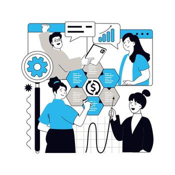 Statistics and analytics concept for modern web design. People analyzing financial data at charts and diagrams, discussing expertise reports, research and work in collaboration. illustration. vector