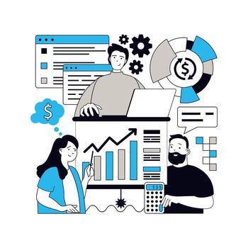 Statistics and analytics concept for modern web design. People monitoring datum results online, learning data at charts, working with financial graph and profit performances. illustration. vector