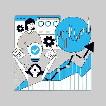 Statistics and analytics concept for modern web design. People analyzing financial data at arrow chart with progress trend, making reports and researching economic performances. illustration. vector