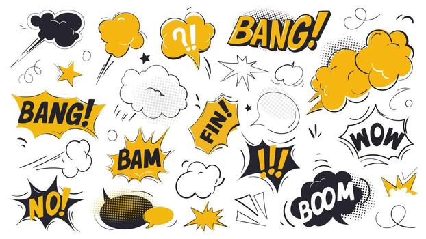 Comic speech bubbles elements set. Collection of communication clouds with bang, bam, wow, boom and empty spaces, pop art shouting balloons with explosion and burst shapes. illustration. vector