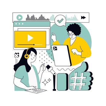 podcast concept for modern web design. People recording conversations with guests, creating audio interviews, doing blogging, making talk streaming at internet platform. illustration. vector