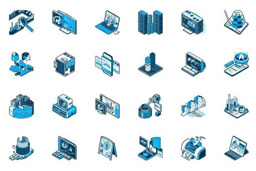 Analysis concept of 3d isometric icons set. Collection with chart, computer, diagram, data computing, graph, finance information, analyzing and more in isometry design for web. illustration. vector