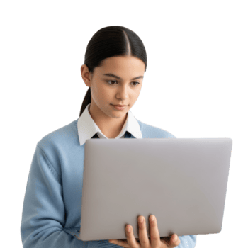 jovem fêmea aluna segurando uma prata computador portátil png