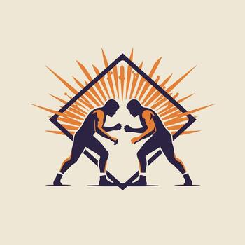Logo design of two men wrestling in a square with rays coming out of it vector