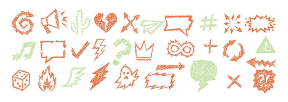 Crayon icon collection shows hand drawn sketch arrows, pencil line symbols and doodle marks in color. Crayon icon set displays rough strokes, cartoon signs and simple graphic elements. vector