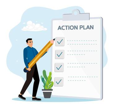 Entrepreneurs write business action plans with checklists. vector