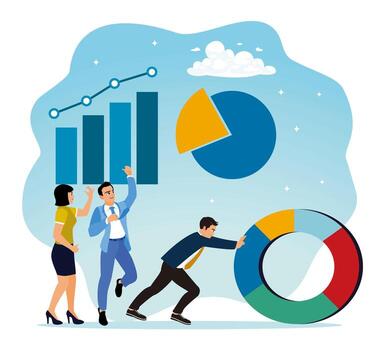 Teamwork increases business growth with data graph and chart analysis. vector