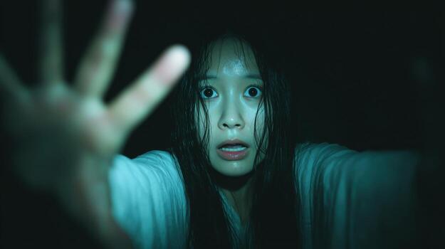 A woman expressing fear and desperation in a dark environment. photo