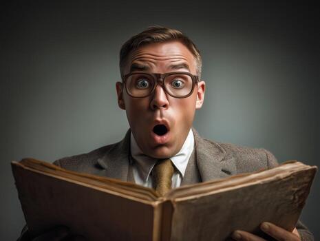 Surprised man reading an old book with a shocked expression. photo