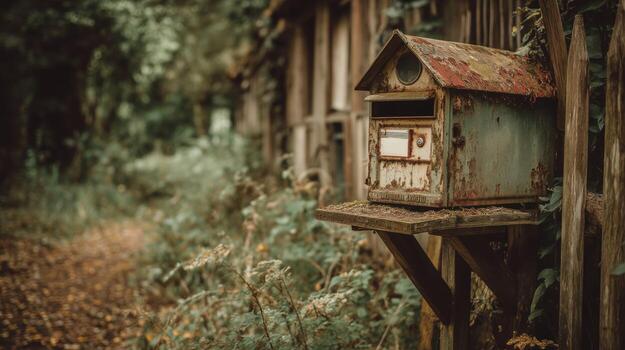 An old mailbox surrounded by a tranquil forest setting. photo