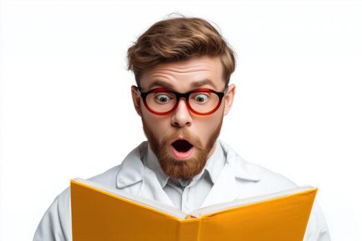 Surprised scientist examines a bright yellow folder. photo