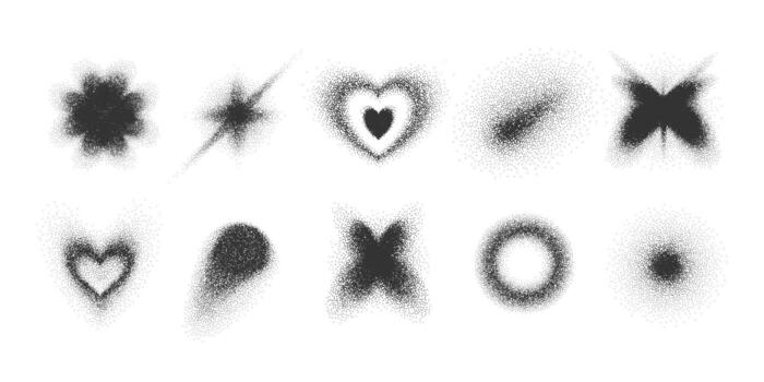 Set of grainy textured shapes. Dotted halftone gradient, stippling effect. Creative noisy figures, hearts, butterfly, stars, circle, abstract forms. Decoration element, retro y2k aesthetic. vector